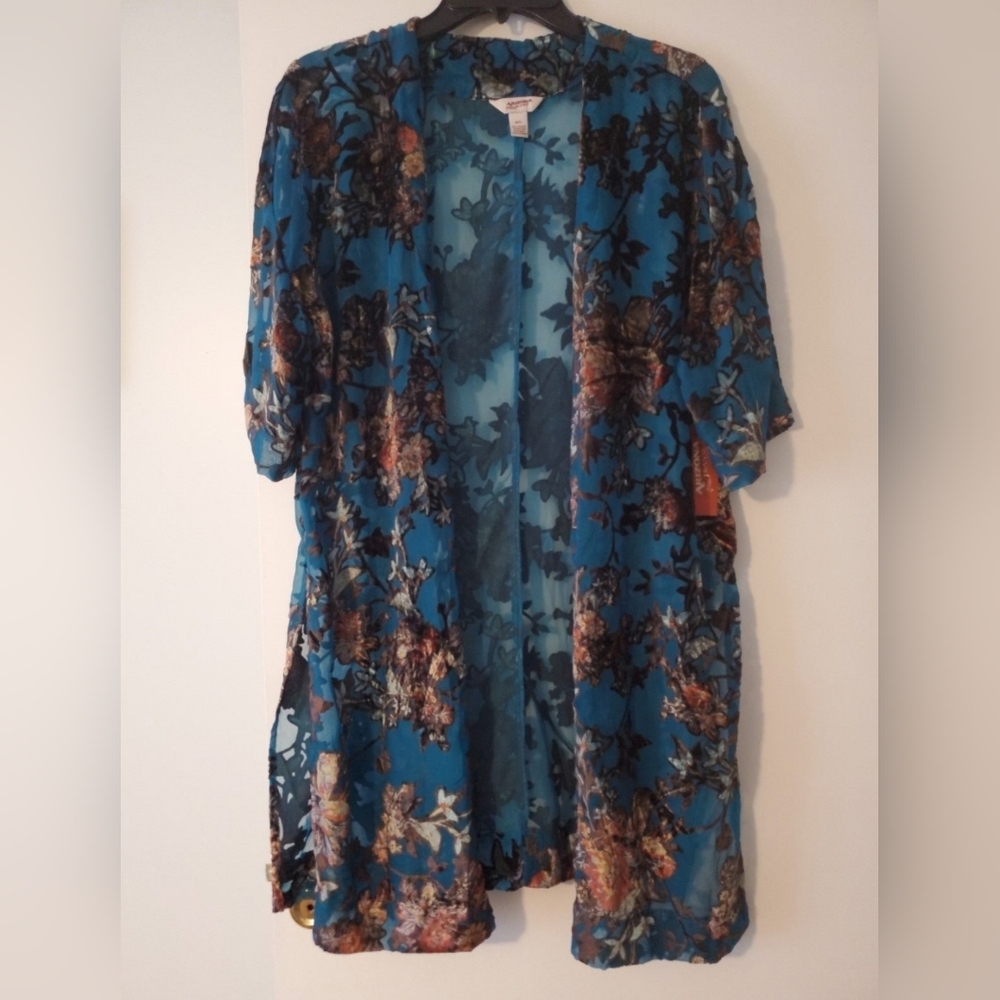 Top Kimono Sheer Velvety Floral Dress Duster Blue Size Medium/Large Multi Color